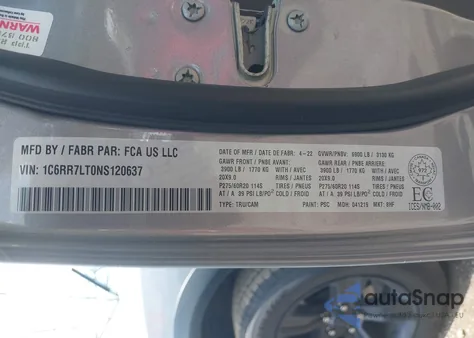 2022 Ram 1500 Classic Slt из США, поврежденный, VIN 1C6RR7LT0NS120637